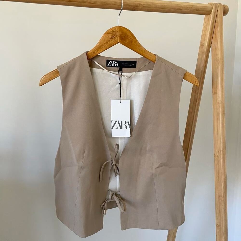ZARA Sleeveless Linen Vest NWT | Beige Beaded Tie-Front Top Size L - Picture 16 of 16